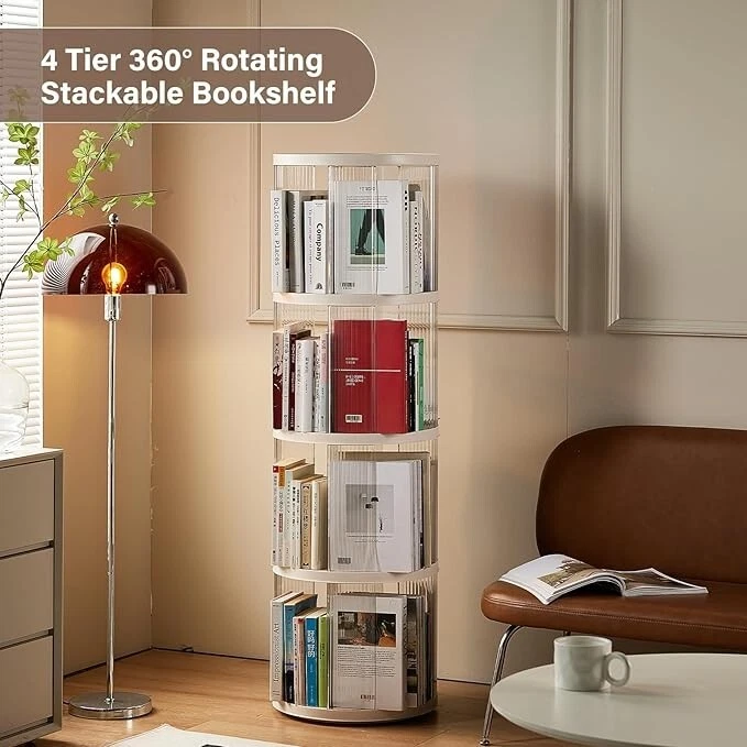 4 Tiers 360 degrees Rotating Floor Standing Plastic Corner Bookshelf Bookcase