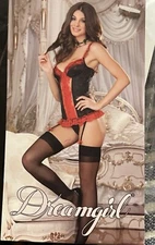 Dreamgirls Corset 32 (Medium) Black Red Eye Hook Lace Up With Lace Top Stocking