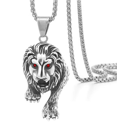 Tioneer Red Eyed Lion Steel Pendant 24 inch Box Chain
