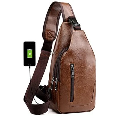 Leather Sling Bag Mens Crossbody Bag Chest Medium Verticalzipper/Light Brown - 第 1/7 张图片