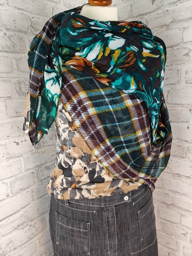 Set Damen Herbst Midi Jeans Rock Kurzarm Rolli Erdfarben Blumen Tuch Tartan - Picture 12 of 13