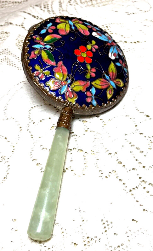 VINTAGE CLOISONNE COLORFUL BUTTERFLY HAND MIRROR WITH JADE GLASS HANDLE