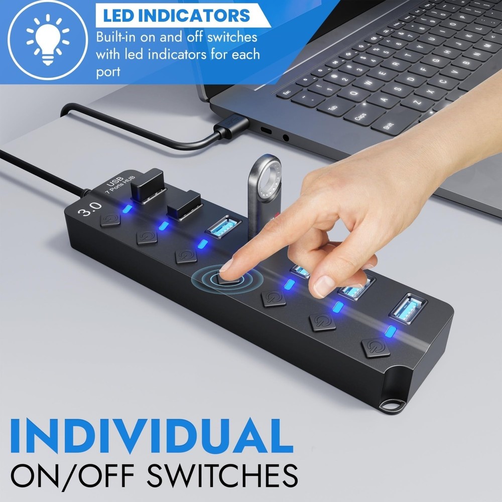 USB 3.0 Hub, 7-Port USB Hub Splitter with 3.2ft Long Cable, Multiport USB Exp...