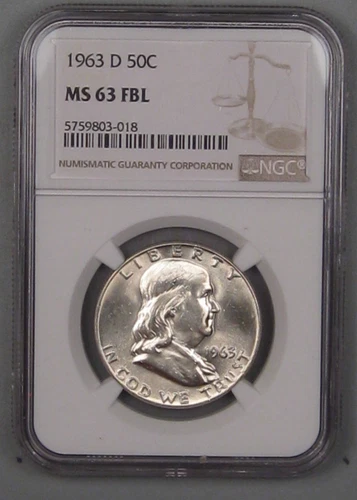 BU FULL BELL LINES 1963-D Silver FRANKLIN Half Dollar. NGC MS63FBL.