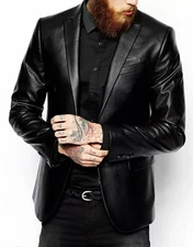 Men's Leather Blazer Genuine Lambskin Two Button Slim Fit Blazer Coat Jacket BLK