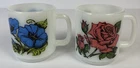 Vintage Glasbake Flowers Coffee Mug Milk Glass Lot Of 2 Morning Glory Pink Rose