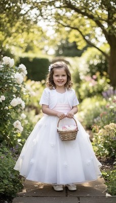 Mädchen weißes Satin Ballkleid mit rosa Schärpe und Bolero Alter: 4