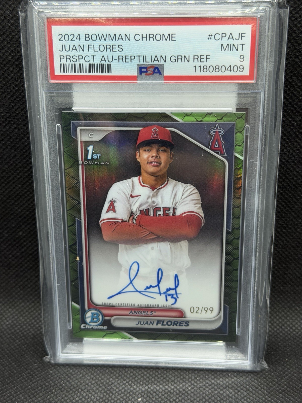 2024 Bowman Chrome Juan Flores Prospect Auto Green Reptilian /99 SP PSA 9