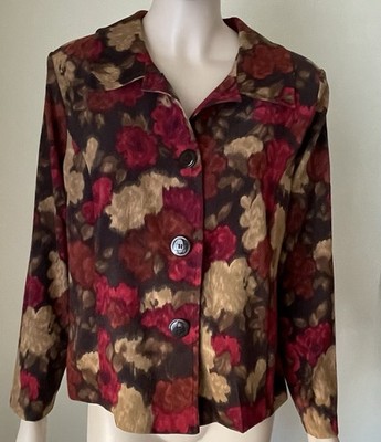 Notations Women's Sz PXL Floral Blazer Jacket Button Front Gold Brown Red Sueded