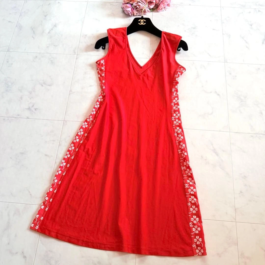Chanel — Chanel 01P Vintage Dress Coco Mark Clover Motif Nylon/Spandex Size:38 Red SK1682