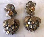 Vintage Miriam Haskell Gold Tone Clip-On Earrings w/ Brown/Amber Rhinestones TLC