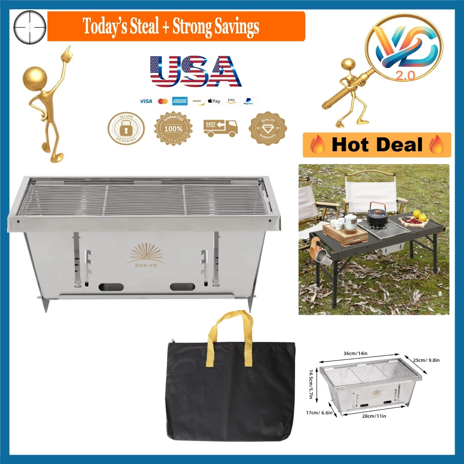 Stainless Steel Charcoal Grill for IGT Table Portable Foldable Storage