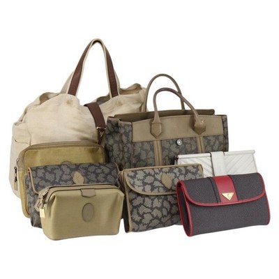 SAINT LAURENT Bag Leather Canvas PVC 8 Set Gray Beige White Auth bs29366