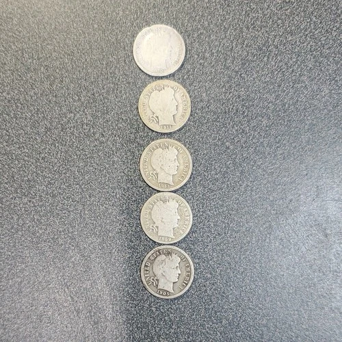 Barber Dime Silver 10C Lot of 5 Coins Mixed Dates. #279