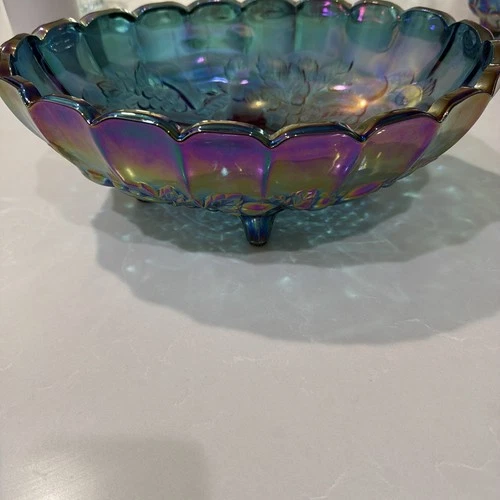 Indiana Glass Carnival Blue Iridescent  Footed Oval Bowl—Harvest Grape. Vintage!
