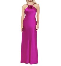 XSCAPE Women's Fuchsia Flower-Trim Sleeveless Maxi Satin Gown Sz 12