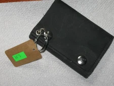 Tri Fold Billfold Black Genuine Leather Wallet Snap Shut with Key Ring