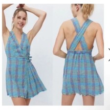 Urban Outfitters Chandler Blue Green Linen Western Buckle Plaid Mini Dress