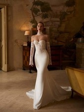 Vintage Strapless Illusion Lace Satin Mermaid Wedding Gown, White, Size M