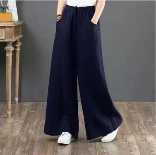 Summer Womens Cotton Linen Baggy Long Trousers Elastic High Waist Wide Leg Pants - Picture 20 of 31