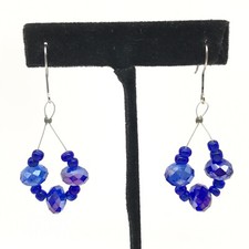Blue Faceted Glass Beaded Artisan Silver Tone Hook Long Dangle Drop Earrings