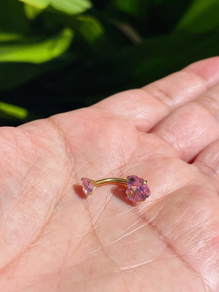 Anillo ombligo ombligo oro macizo 14k forma de corazón zafiro rosa piercing joya Foto 3 de 3