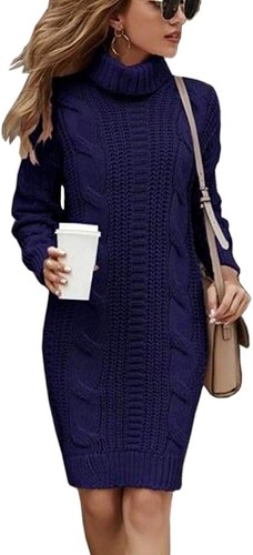 Women Turtleneck Cable Knit Sweater Dress Oversized Sweater Dresses Jumper Navy - Picture 1 of 4