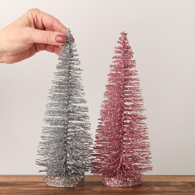 Set of 2  Silver and Pink Glittered 10" Bottle Brush Trees with Wood Bases