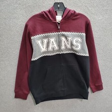 VANS Boys Sweatshirt Large Red Black Hoodie Colorblock Logo Spellout Full Zip