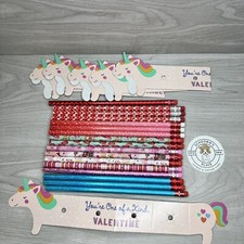Pencil Lot Valentines Day Holiday 17 Writing Pencils Unused  6 Unicorn Cut Outs