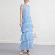 Women Sleeveless Tank Dress Pleated Long Layered Dress Summer Round Neck Holiday