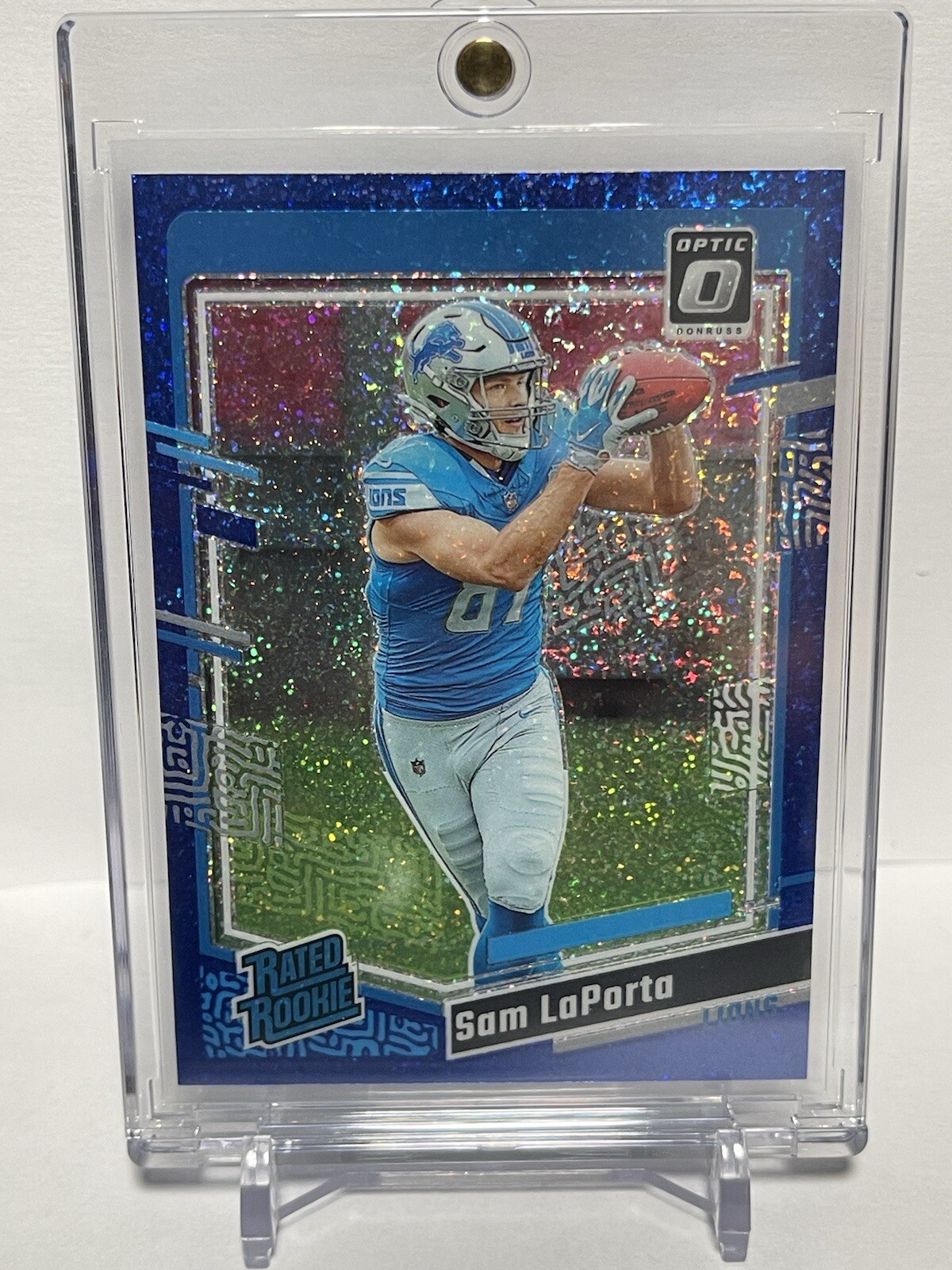 2023 Optic Football, Sam Laporta, Rated Rookie, Blue Glitter SSP, #237, (Aug 11)