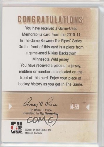 2010-11 ITG Between the Pipes Game-Used Silver Emblem Niklas Backstrom #M-59 - Picture 2 of 3