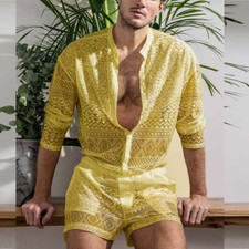 Mens 2 Pieces Shirt Sets Sexy Lace See Throug...