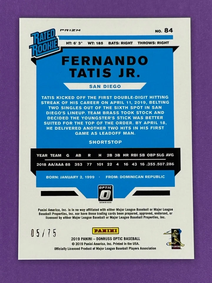 Fernando Tatis Jr. 2019 Donruss Optic/75 Blue Prizm #84 Rookie San Diego RC Foto 3 de 3