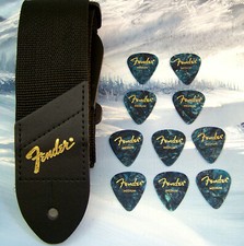GUITAR STRAP  GENUINE FENDER  BLACK w/ GOLD LOGO  10 MED OCEAN TURQ PICKS