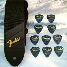 GUITAR STRAP ~ GENUINE FENDER ~ BLACK w/ GOLD LOGO + 10 MED OCEAN TURQ PICKS