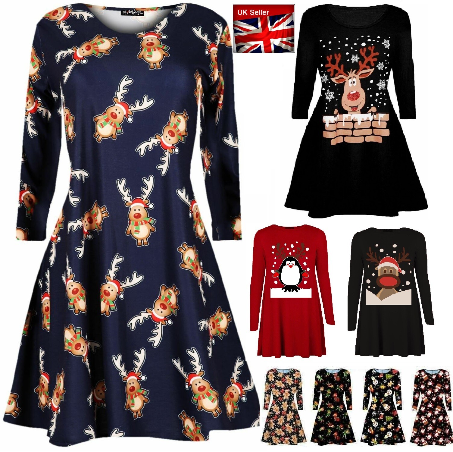 Womens Ladies Xmas Elf Costume Christmas Knit Jumper Mini Dress Plus