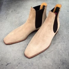 Handmade Beige Suede Chelsea Boots for men, Elegant beige casual ankle boots