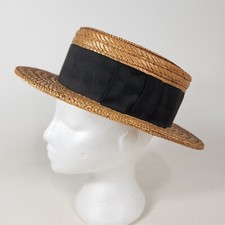 Vintage Eureka Straw Boater Fedora Hat Size 7 Brown Ribbon Band
