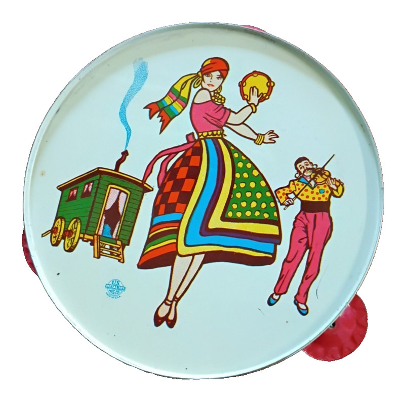 Vintage 1960's Metal Kids Toy Tambourine Latin Dancers US  Metal Toys MFG. Co.