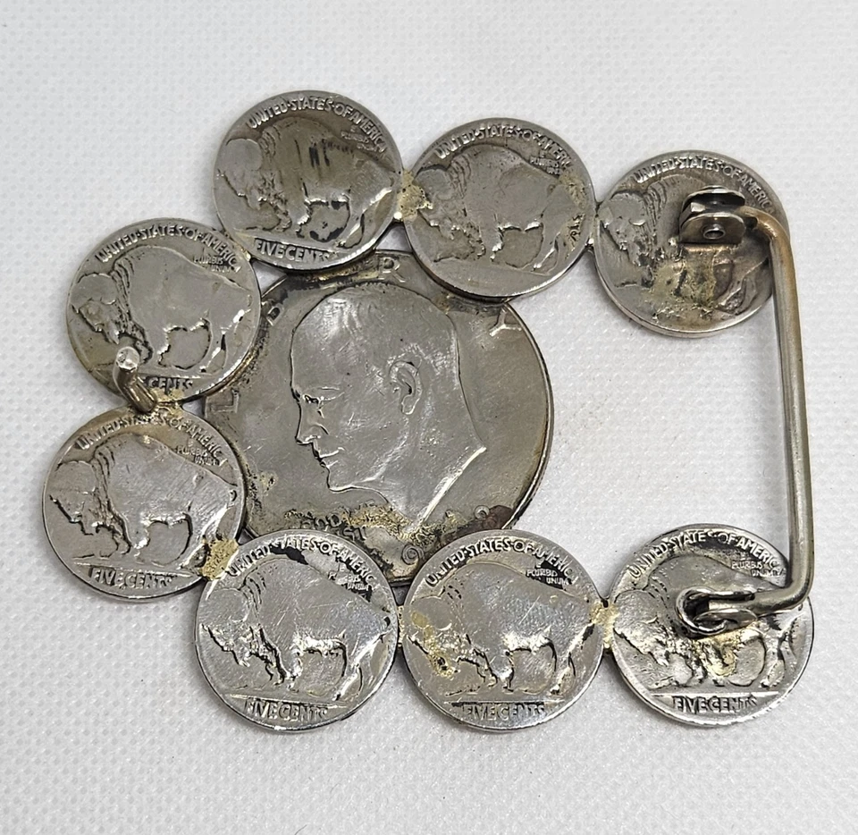 Vintage Buffalo Nickel & Eisenhower Dollar Coin Belt Buckle 3" Western Americana - Image 4 of 4