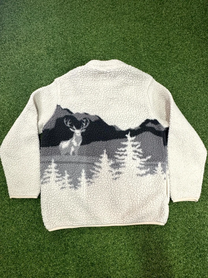 Chaqueta Sherpa Antigua Azul Marino Para Hombres Mediana Multicolor Estampado de Ciervo Cuello Simulado Cuarto Cremallera Foto 2 de 4