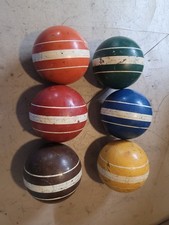 Vintage Set of 6 Wooden 3 1/4" Diameter Ribbed Croquet Balls with 3 Stripes