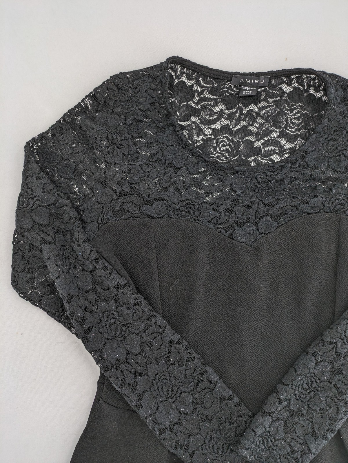 Amisu Damen Schößchenbluse Top Bluse Langarm Spitze Floral Größe M Schwarz image 3