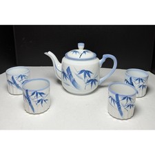 VTG Blue White Porcelain Bamboo Tea Set Teapot 4 Fluted Cups Asian Zen Yunomi