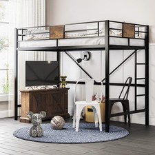 Loft Bed Twin Size with Ladder and Guardrail,Rustic Design,Metal Slats Support