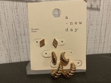 3 Pair A New Day Gold Tone Hoop and Stud Pierced Nickel Free Earrings
