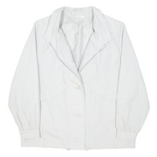 Womens White Cotton Blend Button Jacket L Plain Long Sleeve Relaxed Fit