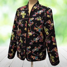 Vintage REQUIREMENTS Quilted Jacket Womens Large Black Floral Novelty Print 90s